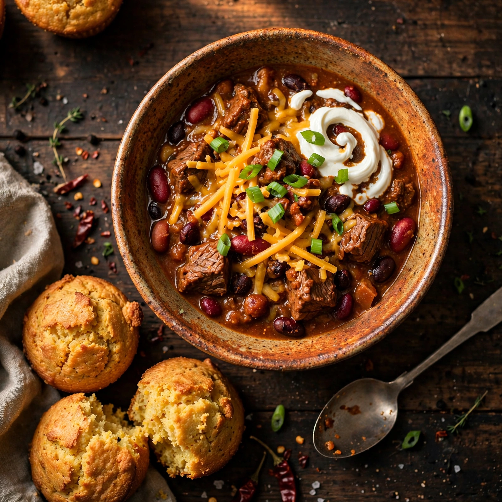 Overhead shot of a bowl of hearty beef chili with toppings
