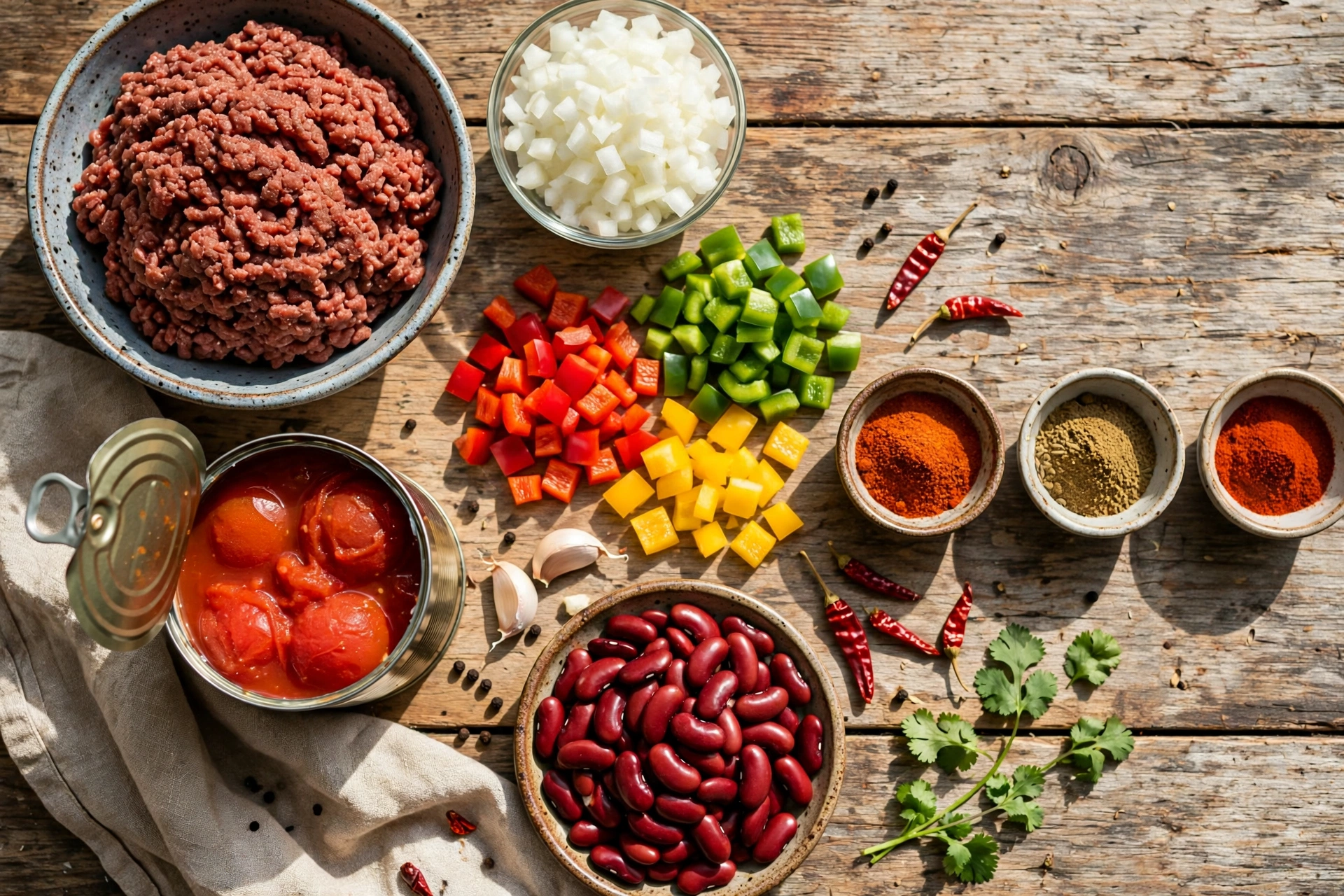 Flat lay of chili ingredients: ground beef, beans, tomatoes, and spices