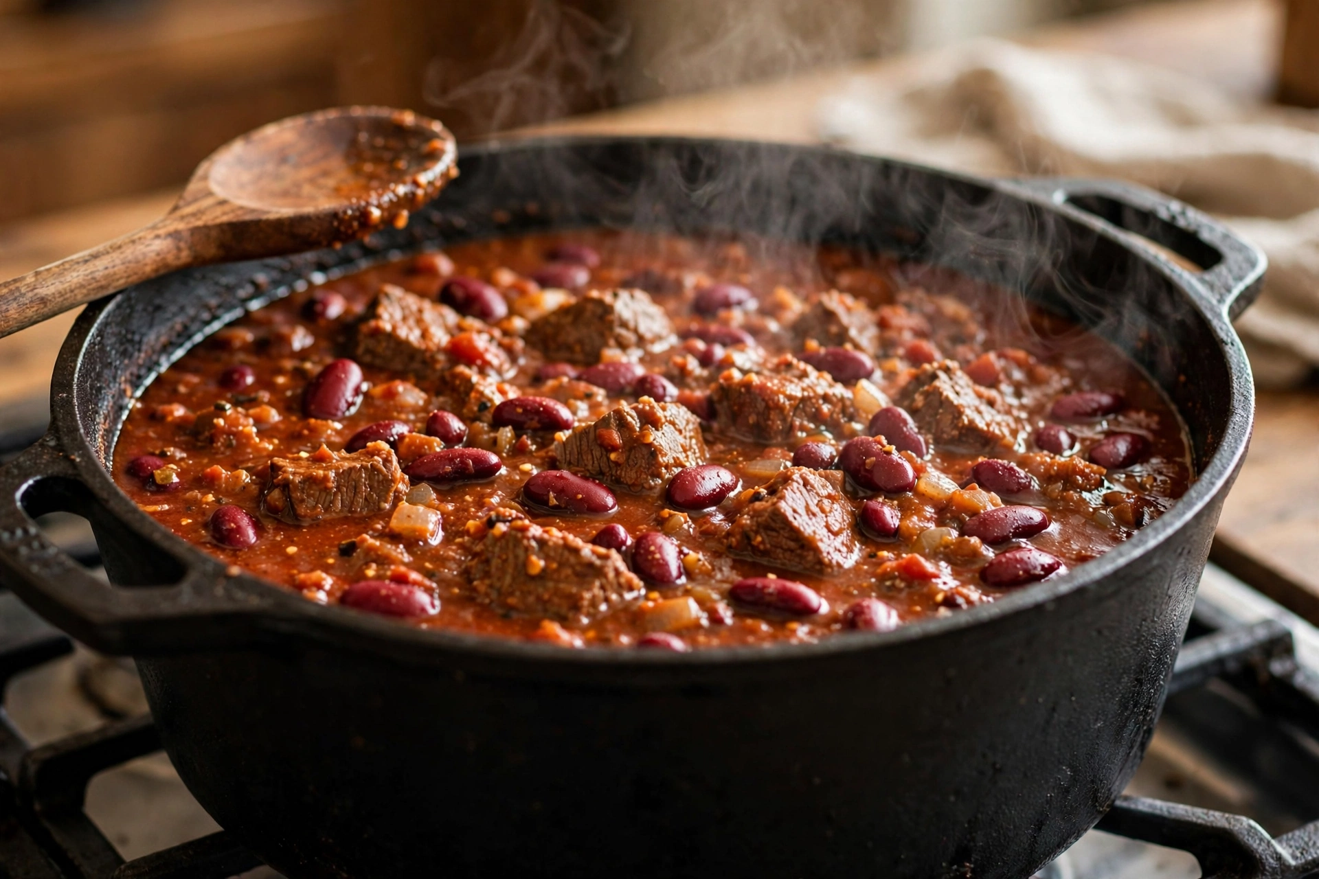Chili simmering in a Dutch oven on the stove