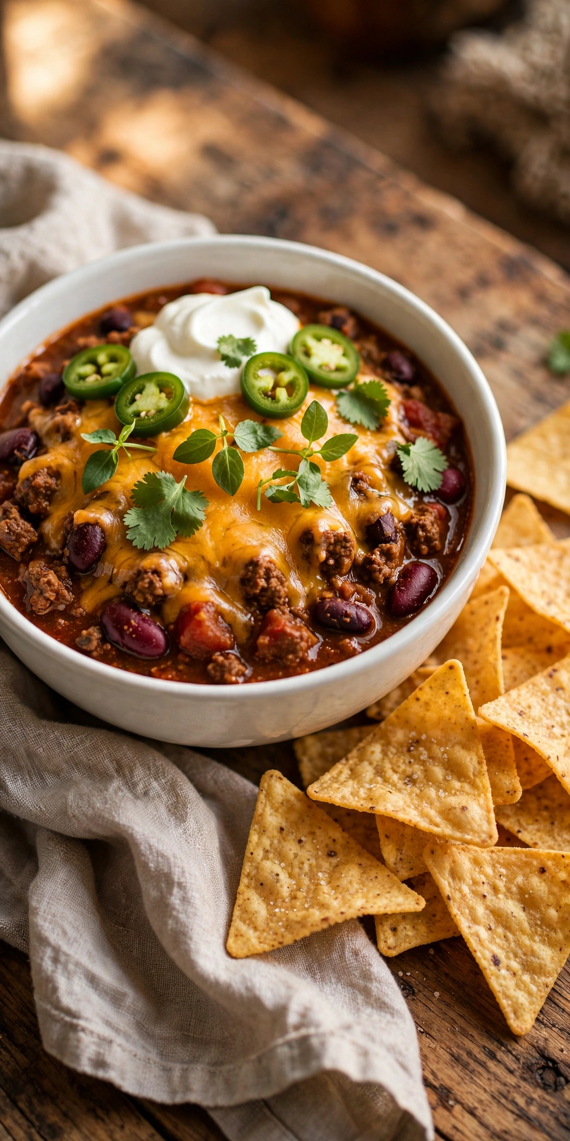 A finished bowl of chili, served and ready to eat
